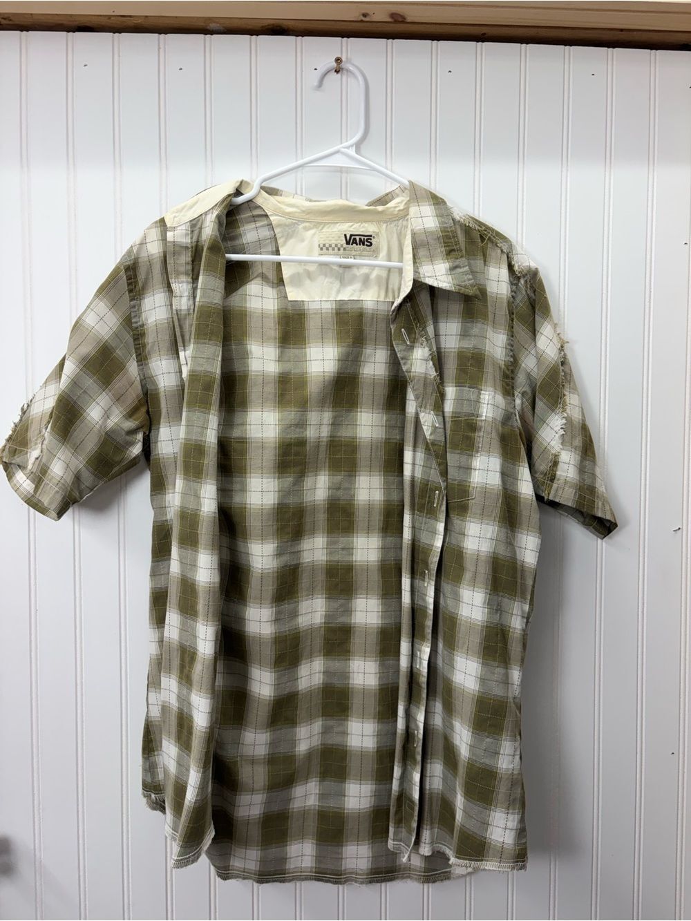 Vans vintage Streetwear Olive and White Plaid Short-Sleeve fringe ButtonUp Shirt